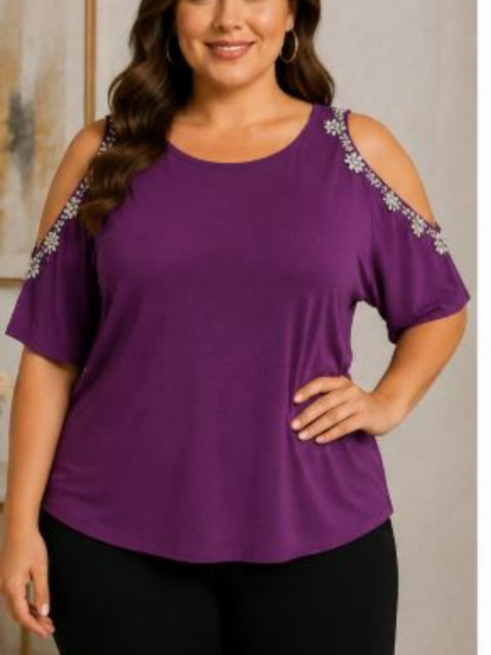 NWT INC International Concepts Purple Cold Shoulder Top XXL Rhinestone Embellish